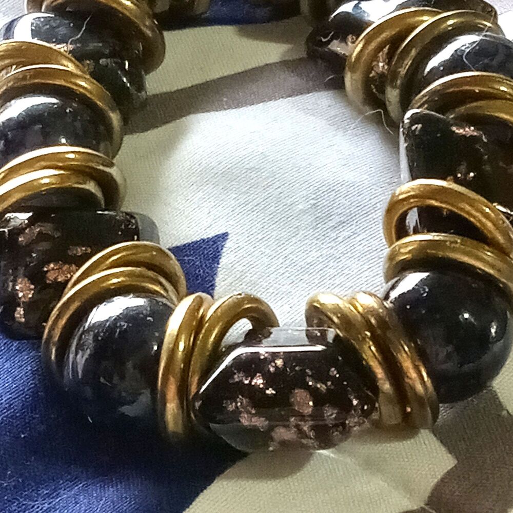 Black Gold Metallic Accents Polished Bead Stretch Bracelet